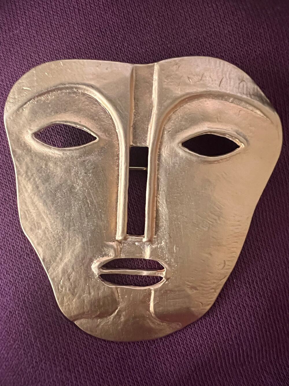 Maxine Denker Tribal Face Mask Brooch Matte Gold Tone Vintage 2.3" Unsigned